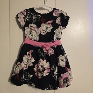 Girls' Navy Floral Dress with Pink Bow